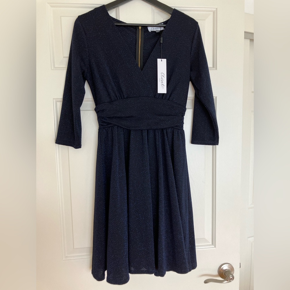 Long sleeve dress, navy blue with subtle silver sparking thread, size 6.